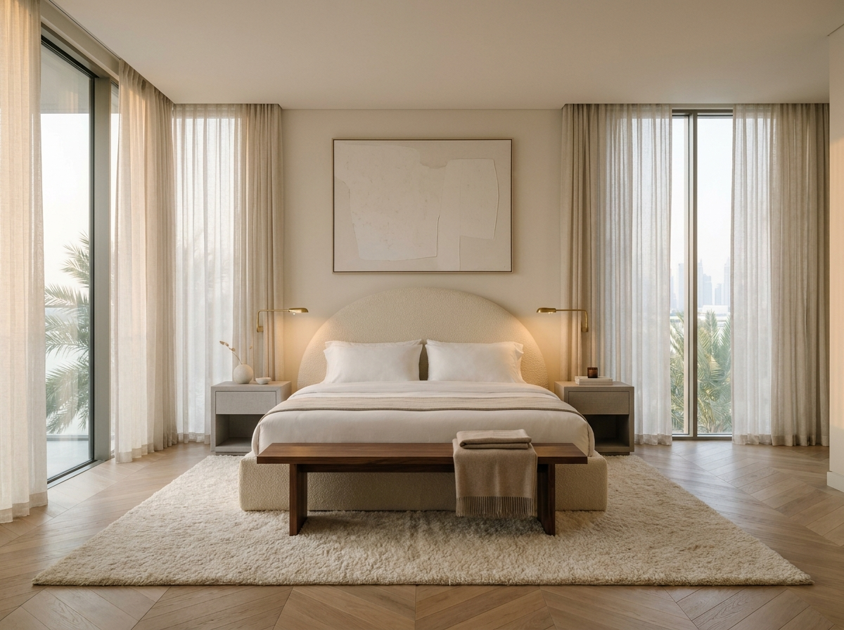 Finished luxury Dubai master bedroom with cream boucle headboard and oak chevron floor