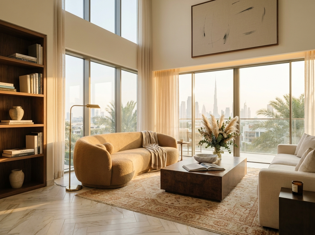 Finished luxury Dubai living room with curved camel boucle sofa, walnut bookshelf, Calacatta marble herringbone floor