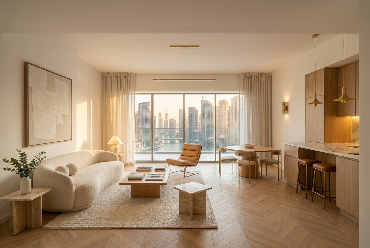 Same Dubai Marina apartment fully furnished by Costa Global Capital concierge — Italian boucle sofa, oak chevron floor, brass lighting, marble kitchen, sheer linen curtains, golden hour